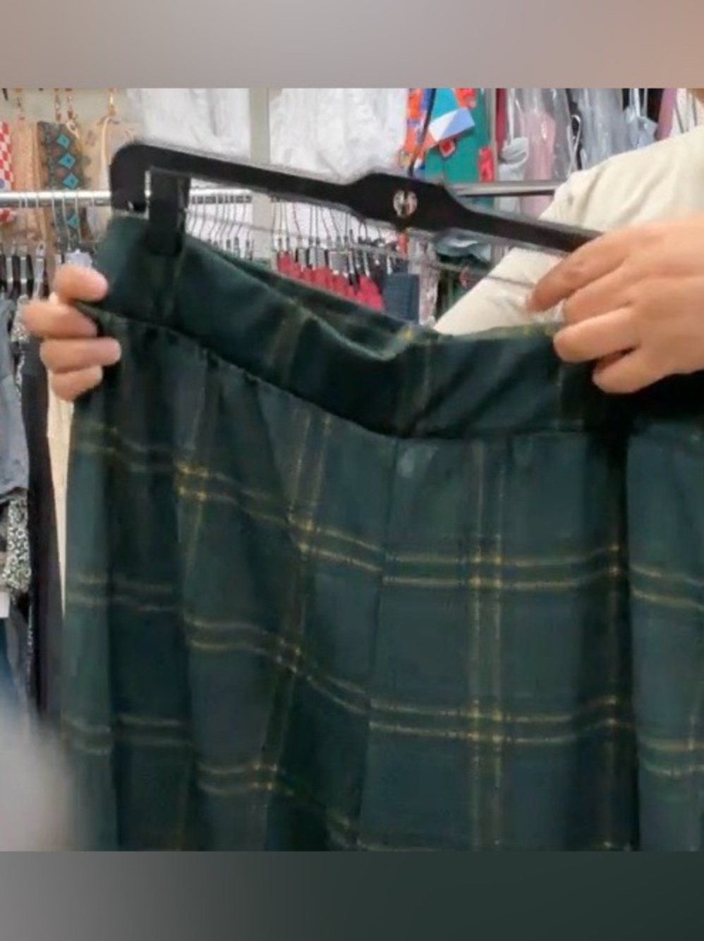 Wide-leg Ankle-Length Plaid Trousers - Dark Green